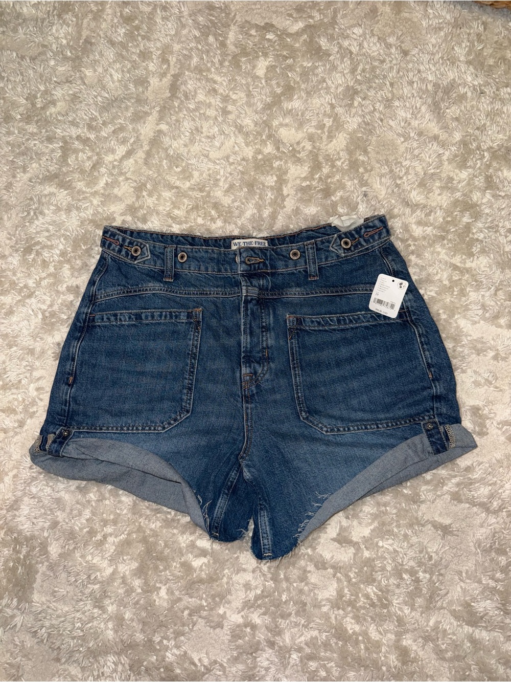 Free People Dark Blue High-Rise Rolled Hem Denim Shorts